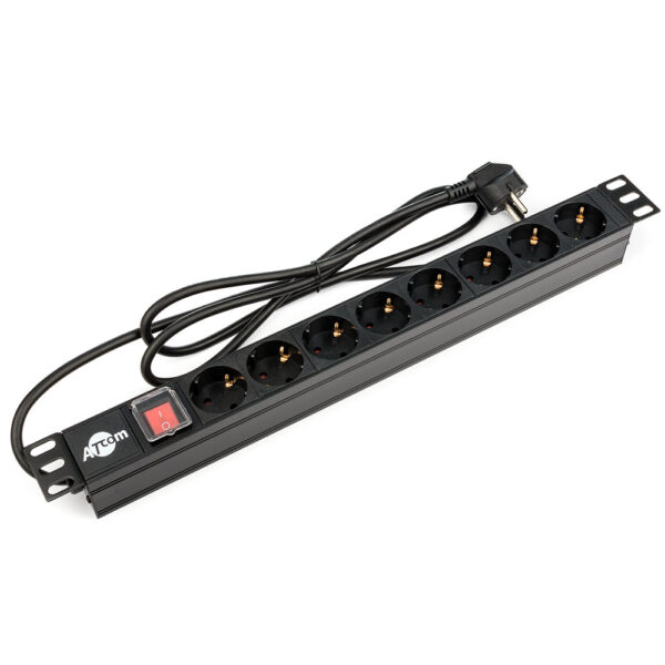 Силовий блок Atcom PDU-8W-C2С-WS,  19" 8 розеток з кабелем 2м МІДЬ 1,5мм, з вимикачем