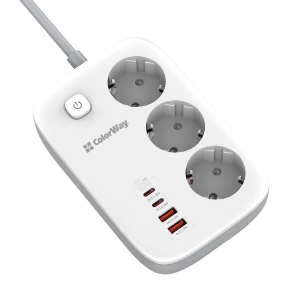 Мережевий фільтр СolorWay 3 розетки/4USB GaN3 Pro PD (2USB-A + 2 TYPE-C) (65W) Black 2M
